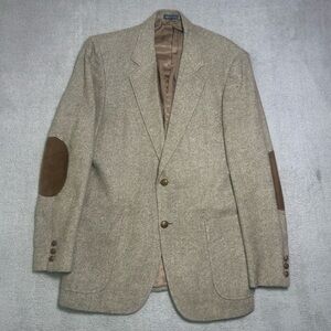 Vintage Banner Tweed Sport Coat Men’s 40R Beige Linen Wool Blend Elbow Patches